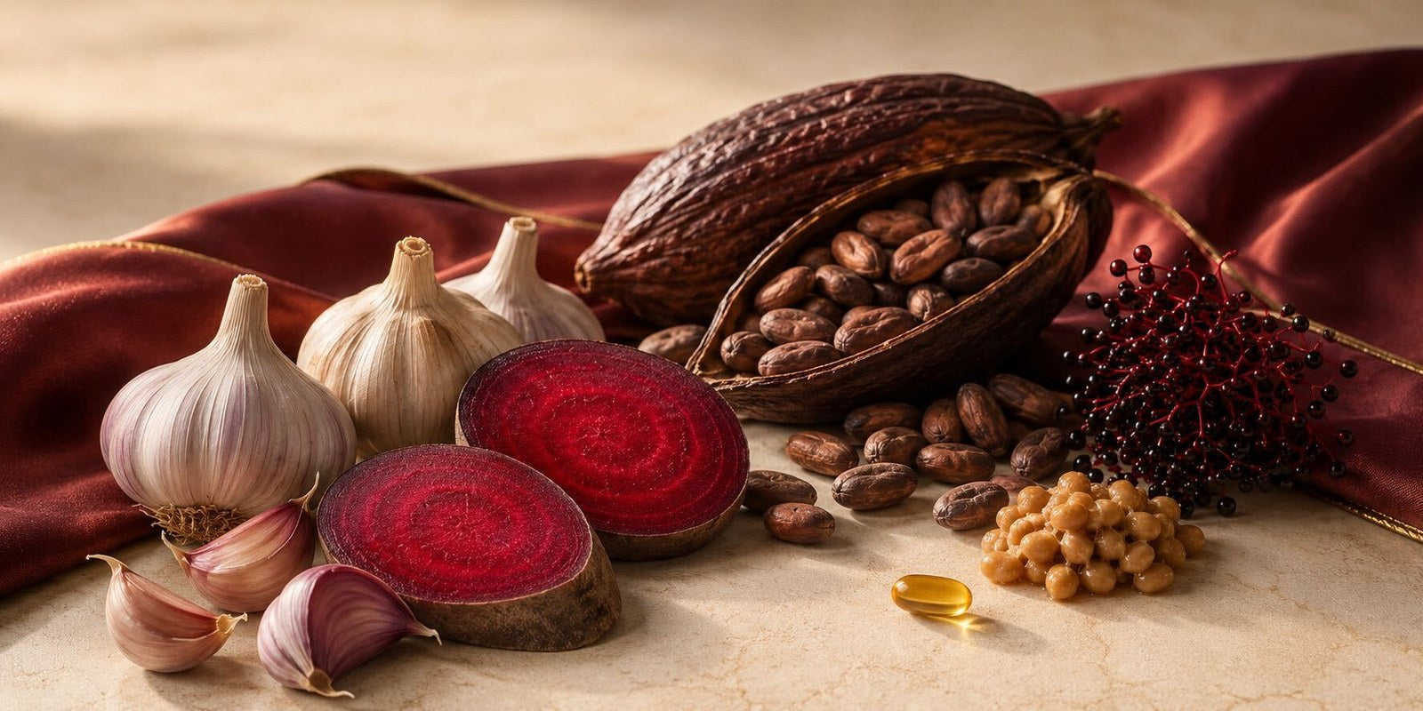 Aged garlic, beetroot, cocoa and elderberry with a ubiquinol softgel