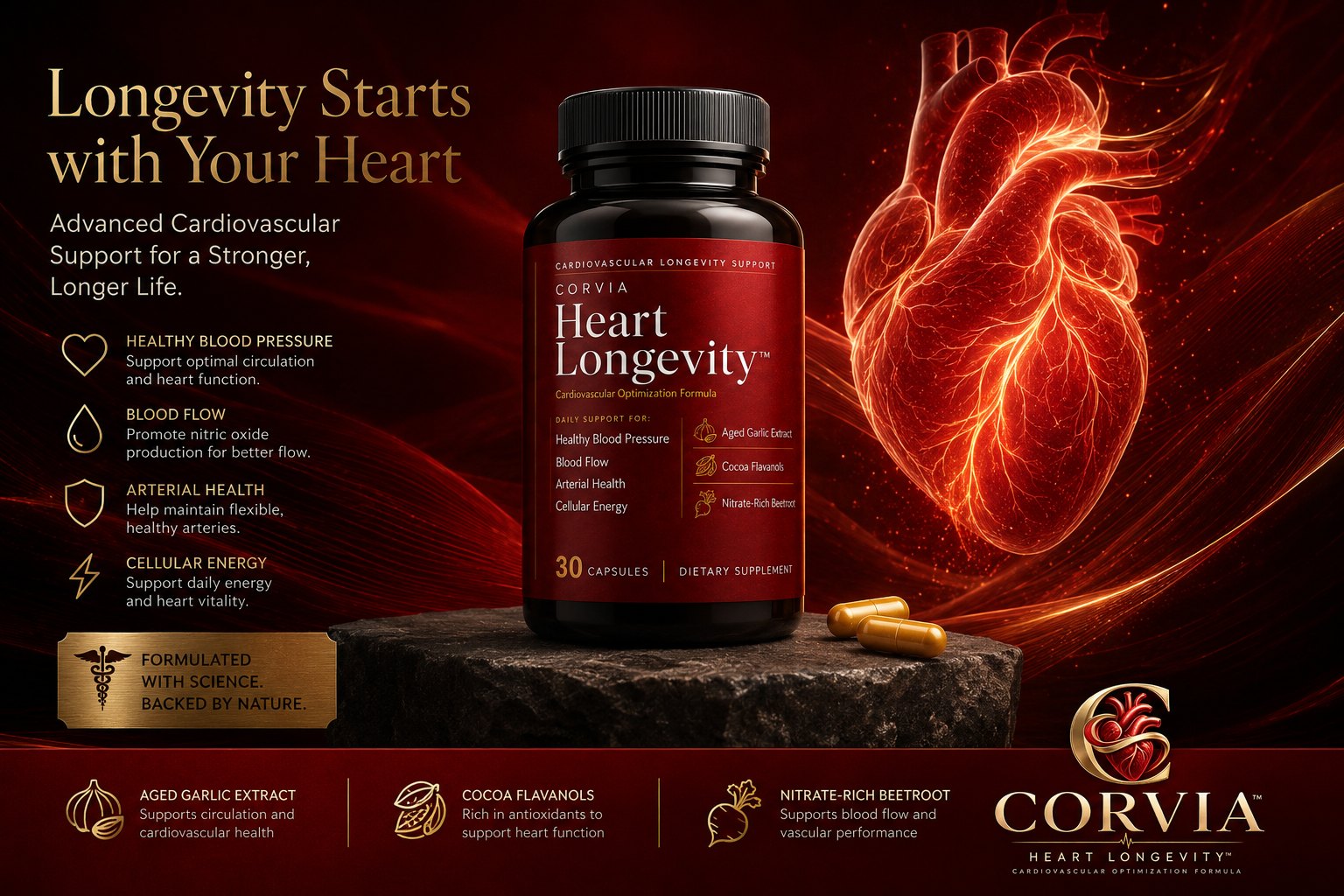 CORVIA bottle beneath an illuminated human heart