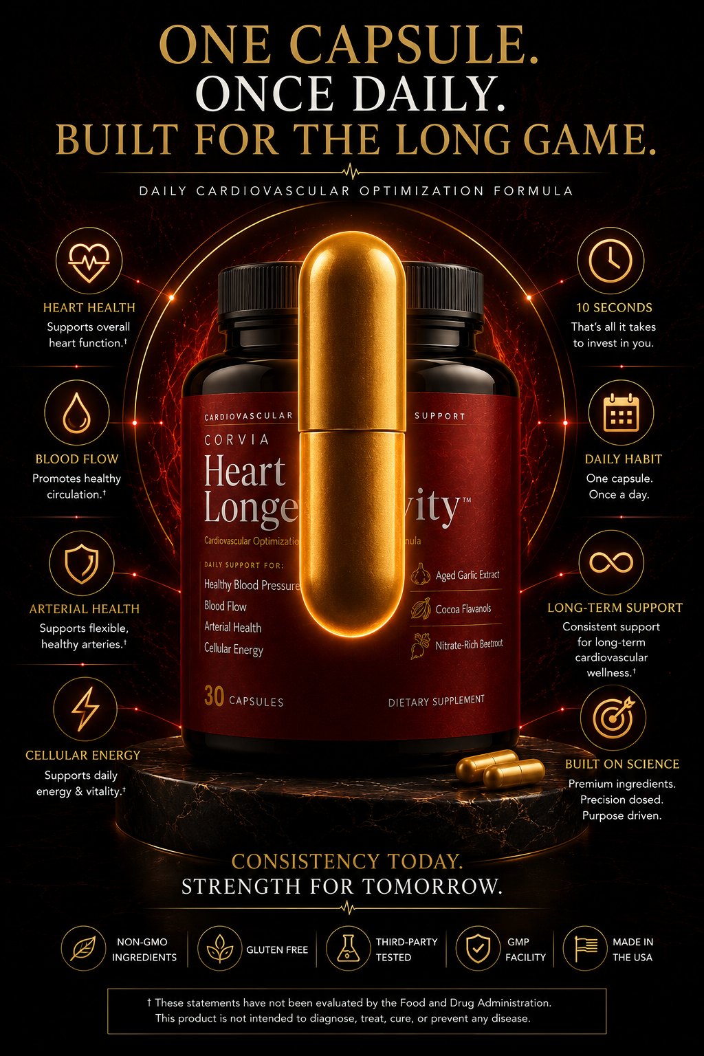 CORVIA Heart Longevity bottle with a single gold capsule
