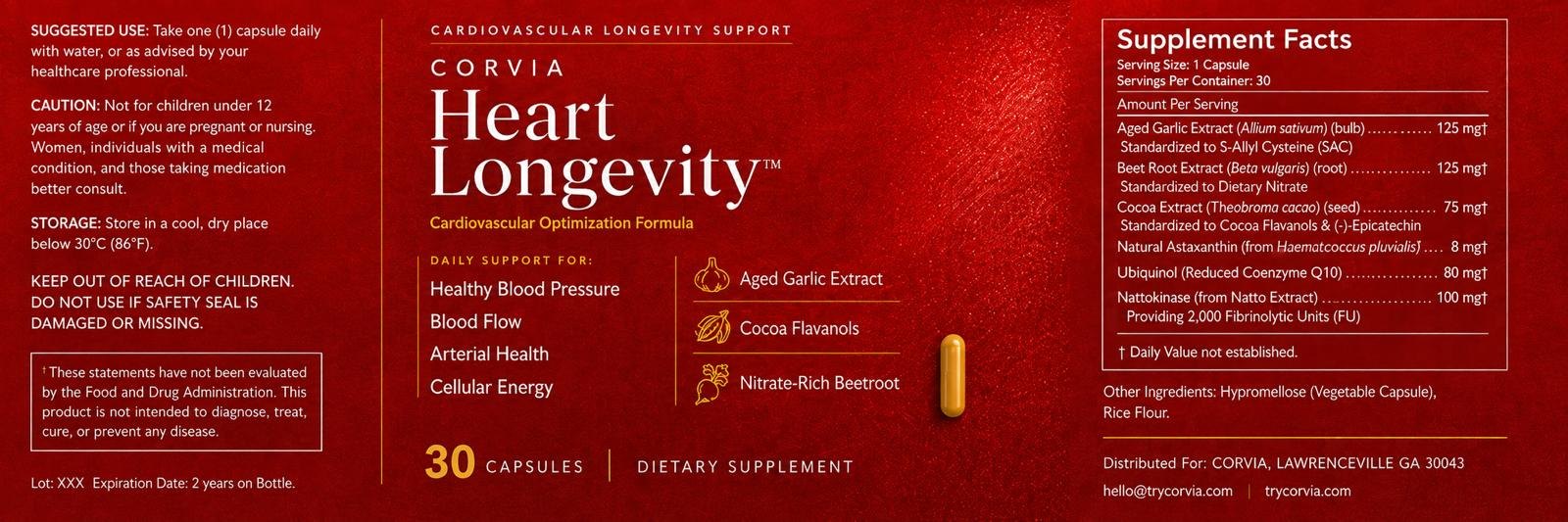 CORVIA Heart Longevity label artwork with Supplement Facts