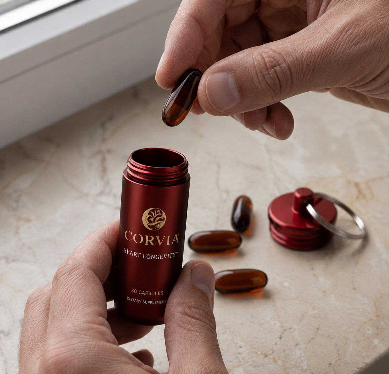 Hands taking a capsule from a CORVIA Heart Longevity travel tin